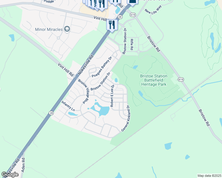 map of restaurants, bars, coffee shops, grocery stores, and more near 11797 Robert E Lee Drive in Bristow