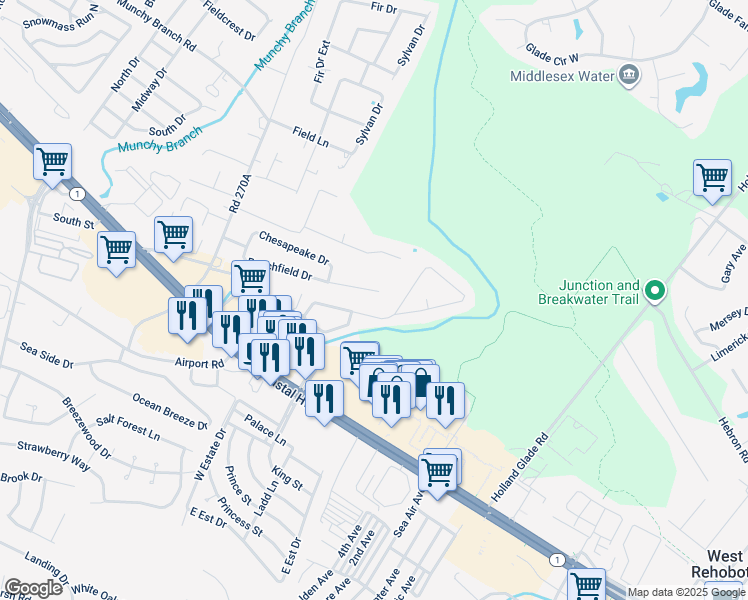 map of restaurants, bars, coffee shops, grocery stores, and more near 148 Beachfield Drive in Rehoboth Beach