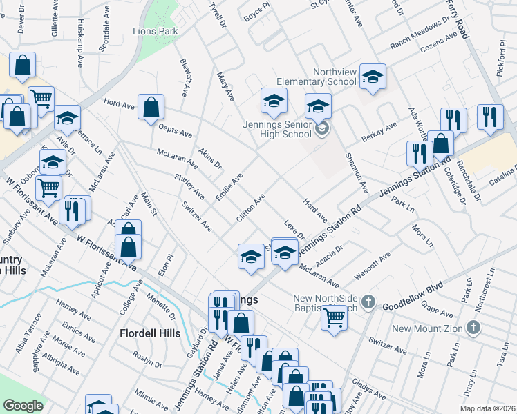 map of restaurants, bars, coffee shops, grocery stores, and more near 8713 Clifton Avenue in Jennings