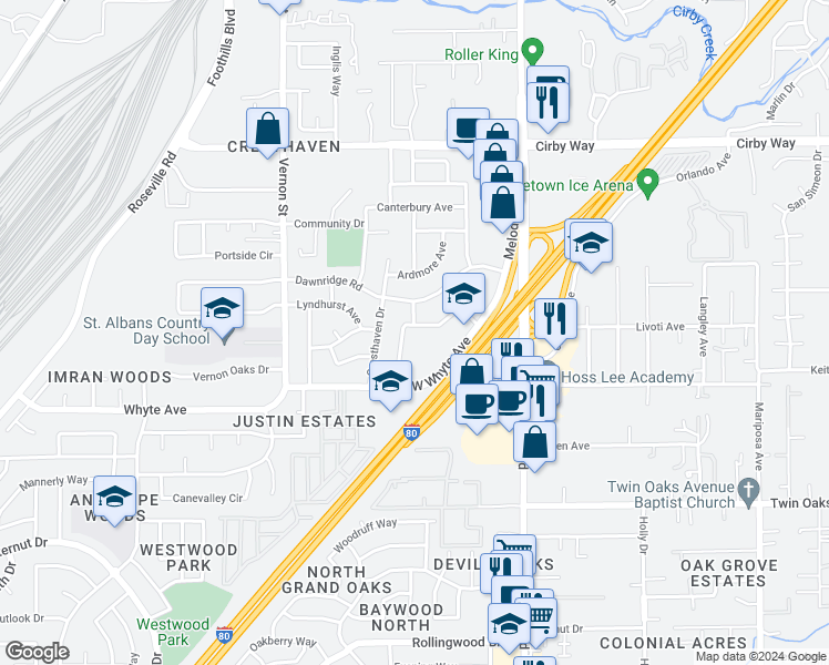 map of restaurants, bars, coffee shops, grocery stores, and more near 1230 Crescendo Drive in Roseville