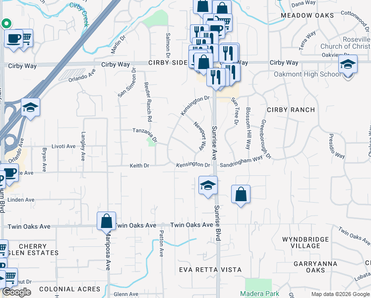 map of restaurants, bars, coffee shops, grocery stores, and more near 1206 Donahue Way in Roseville