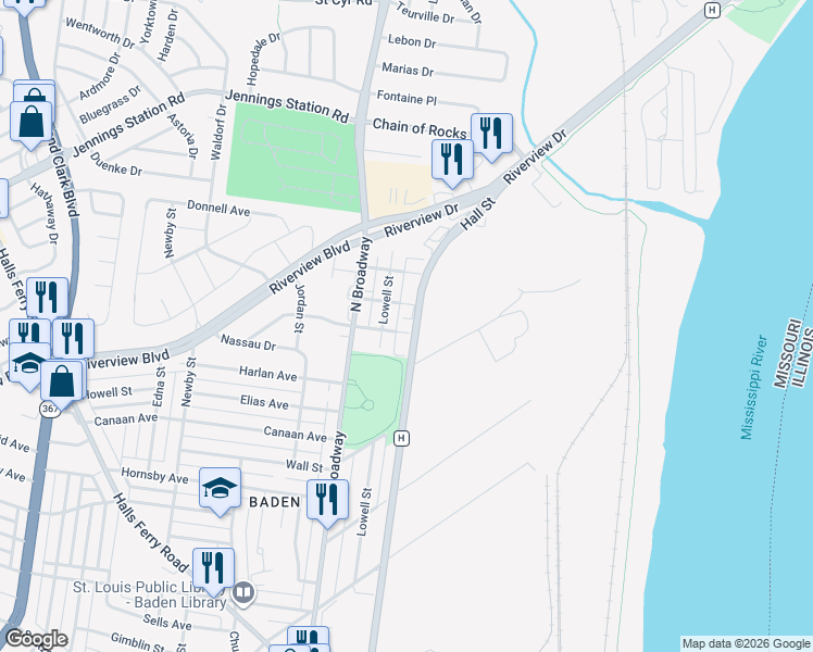 map of restaurants, bars, coffee shops, grocery stores, and more near 610 Logan Street in St. Louis