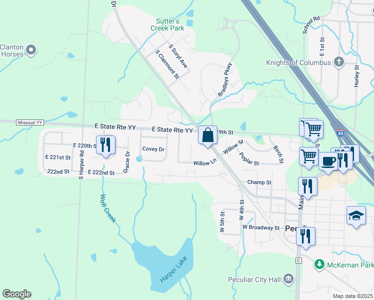 map of restaurants, bars, coffee shops, grocery stores, and more near 711A Meadow Court in Peculiar
