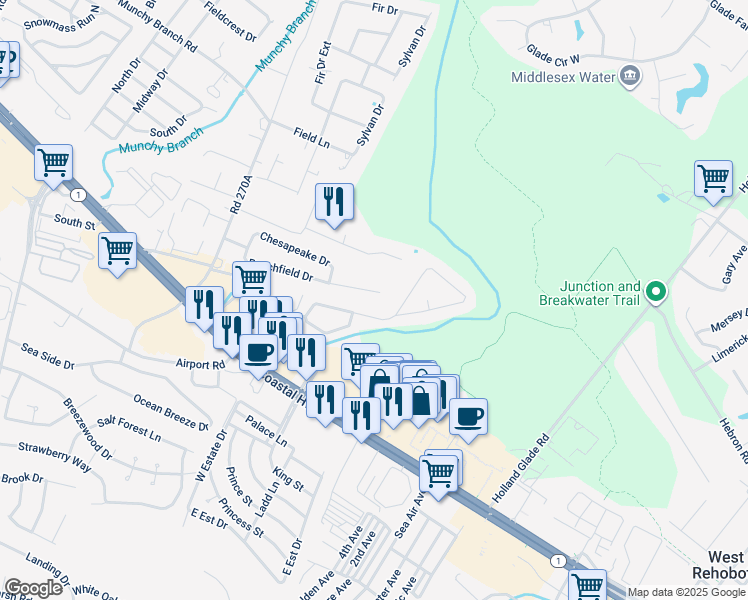 map of restaurants, bars, coffee shops, grocery stores, and more near 148 Beachfield Drive in Rehoboth Beach