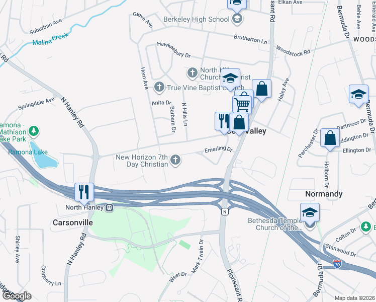 map of restaurants, bars, coffee shops, grocery stores, and more near 8400 Evans Avenue in St. Louis