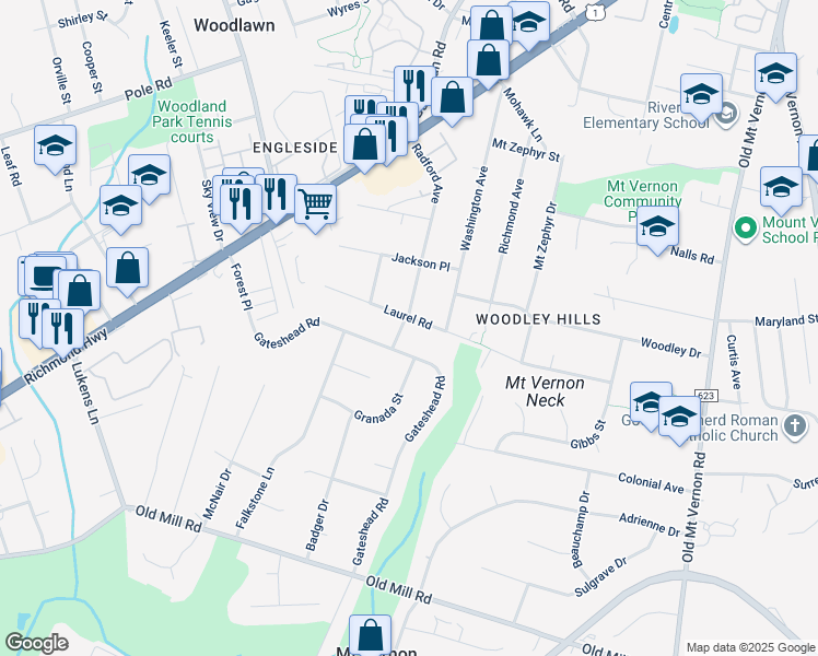 map of restaurants, bars, coffee shops, grocery stores, and more near 4233 Laurel Road in Alexandria