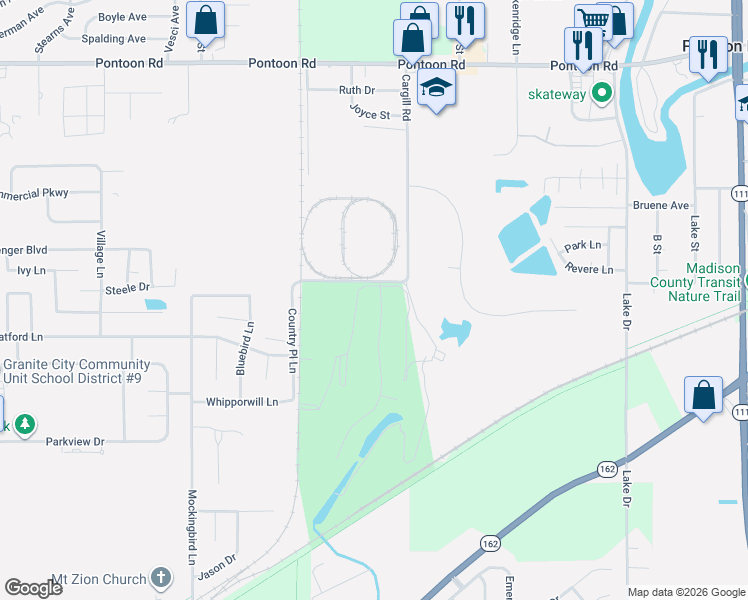 map of restaurants, bars, coffee shops, grocery stores, and more near 1 Legacy Drive in Granite City