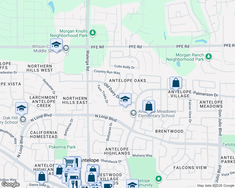 map of restaurants, bars, coffee shops, grocery stores, and more near 4561 Country Run Way in Antelope