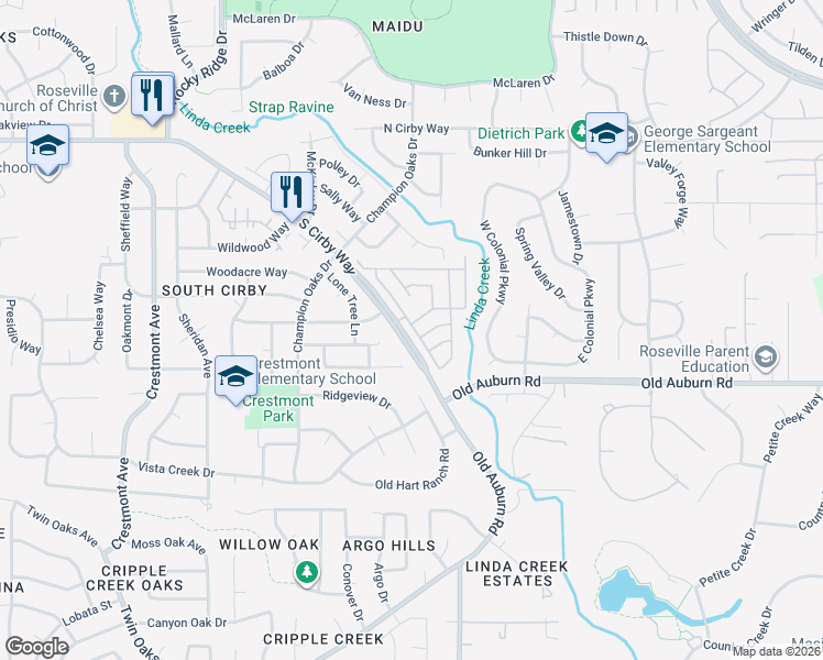 map of restaurants, bars, coffee shops, grocery stores, and more near 12 Rimma Way in Roseville