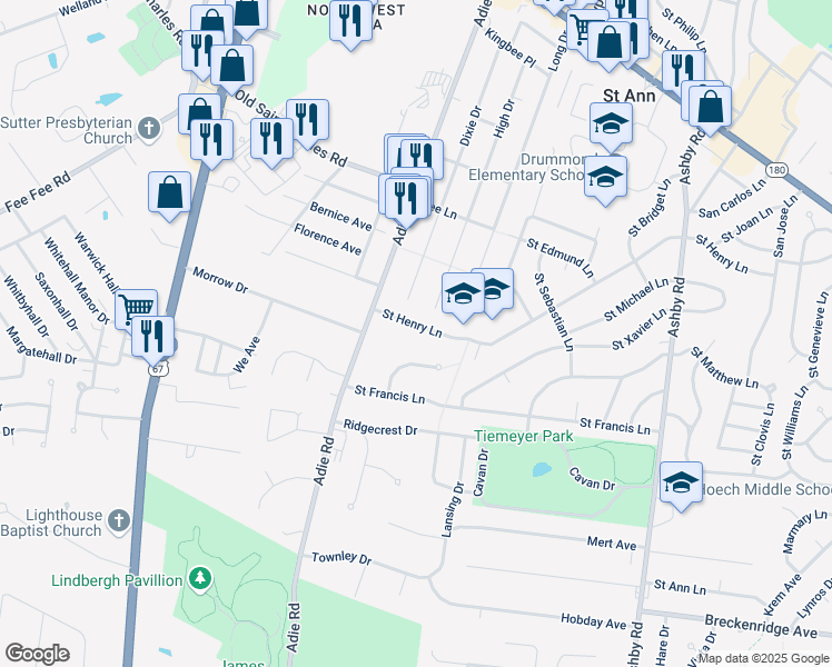 map of restaurants, bars, coffee shops, grocery stores, and more near 10950 Saint Henry Lane in Saint Ann