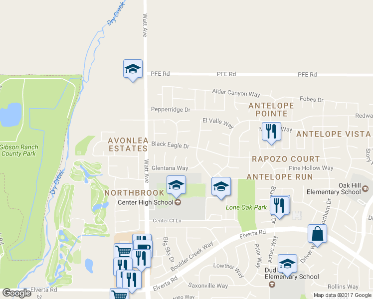 map of restaurants, bars, coffee shops, grocery stores, and more near 3204 Black Eagle Drive in Antelope