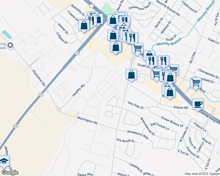 map of restaurants, bars, coffee shops, grocery stores, and more near 34400 Bronze Street in Rehoboth Beach