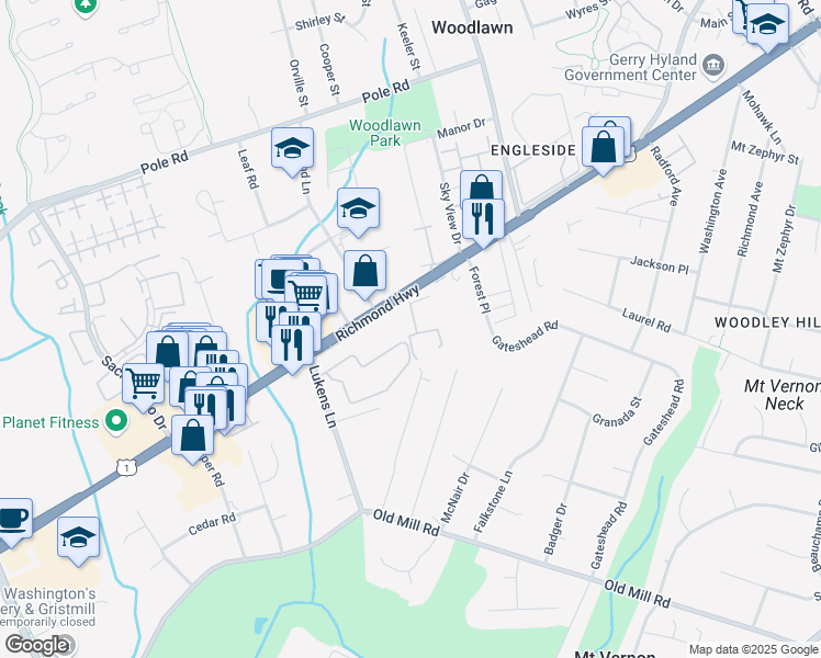 map of restaurants, bars, coffee shops, grocery stores, and more near 8560 Wyngate Manor Court in Alexandria