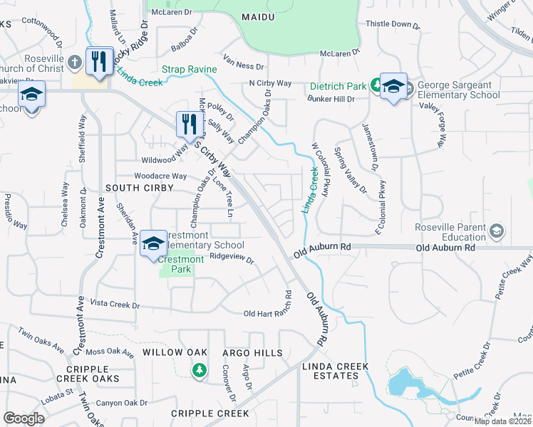 map of restaurants, bars, coffee shops, grocery stores, and more near 12 Rimma Way in Roseville