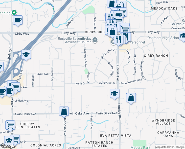 map of restaurants, bars, coffee shops, grocery stores, and more near 1068 Kensington Drive in Roseville