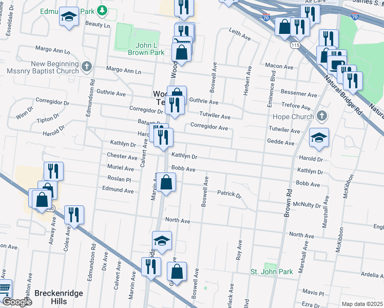 map of restaurants, bars, coffee shops, grocery stores, and more near 9129 Kathlyn Drive in St. Louis