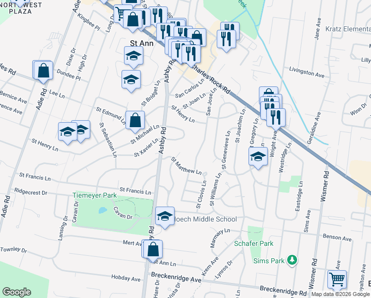 map of restaurants, bars, coffee shops, grocery stores, and more near 3523 Saint Blase Lane in Saint Ann