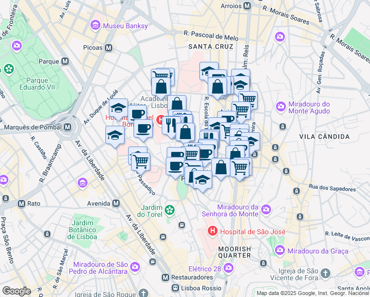 map of restaurants, bars, coffee shops, grocery stores, and more near in Lisbon