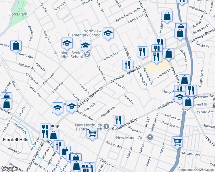 map of restaurants, bars, coffee shops, grocery stores, and more near 8844 Jennings Station Road in Jennings