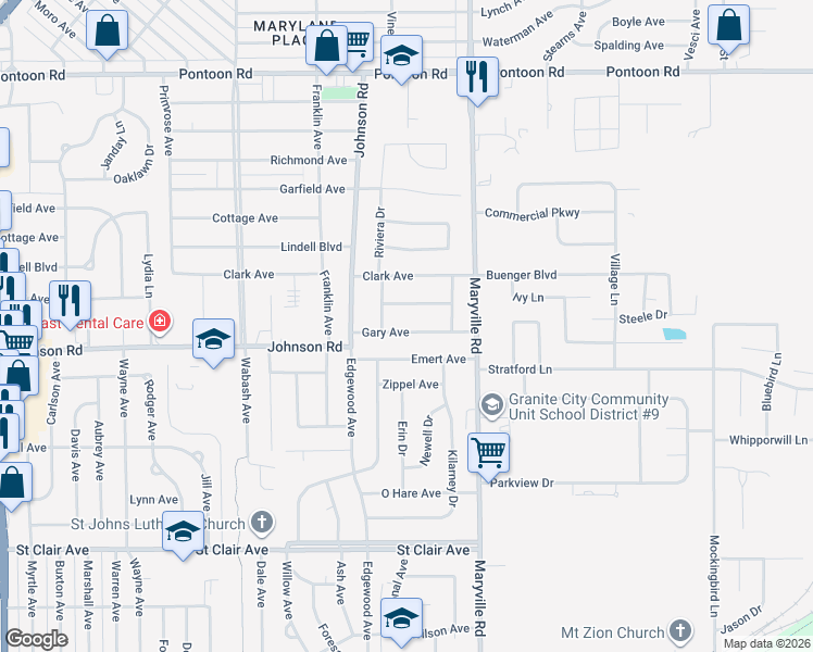map of restaurants, bars, coffee shops, grocery stores, and more near 2315 Gary Avenue in Granite City