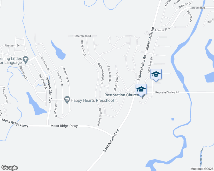 map of restaurants, bars, coffee shops, grocery stores, and more near 7110 Peachleaf Drive in Colorado Springs