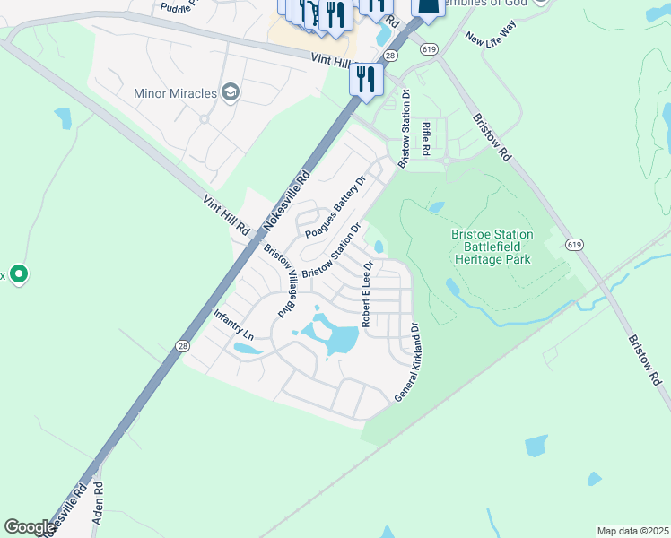 map of restaurants, bars, coffee shops, grocery stores, and more near 11804 Alexander Hays Road in Bristow