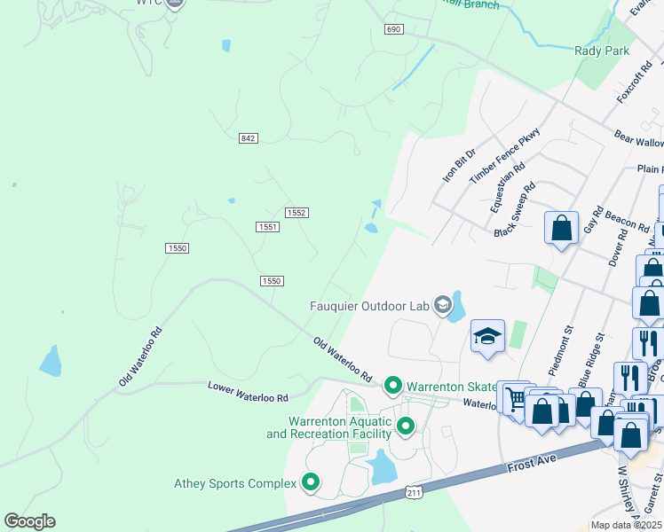 map of restaurants, bars, coffee shops, grocery stores, and more near 7490 Admiral Nelson Drive in Warrenton
