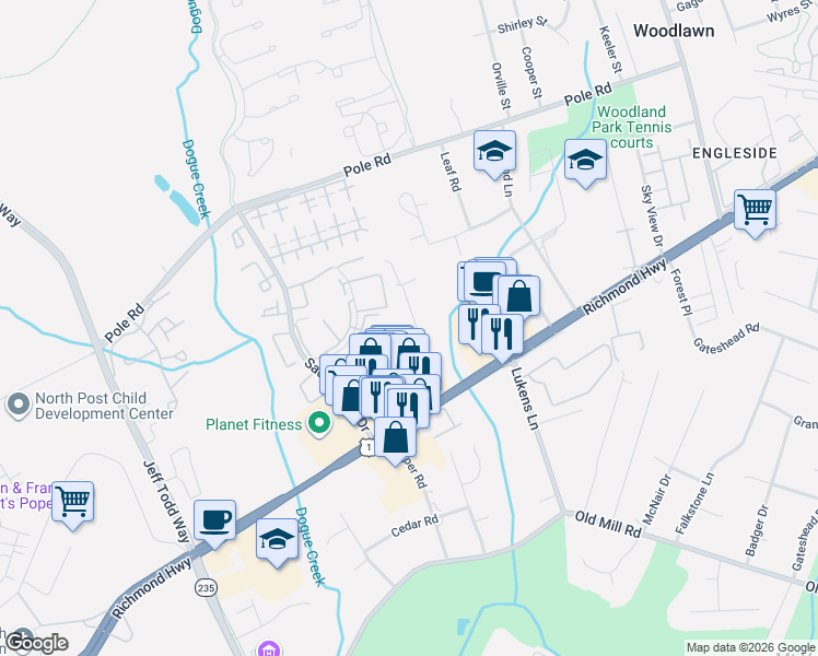map of restaurants, bars, coffee shops, grocery stores, and more near 8616 Woodlawn Court in Alexandria