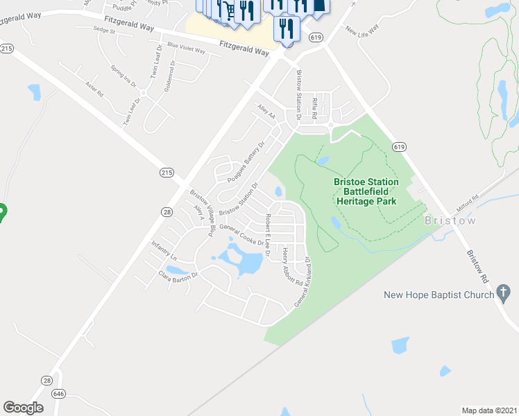 map of restaurants, bars, coffee shops, grocery stores, and more near 11827 Whitworth Cannon Lane in Bristow