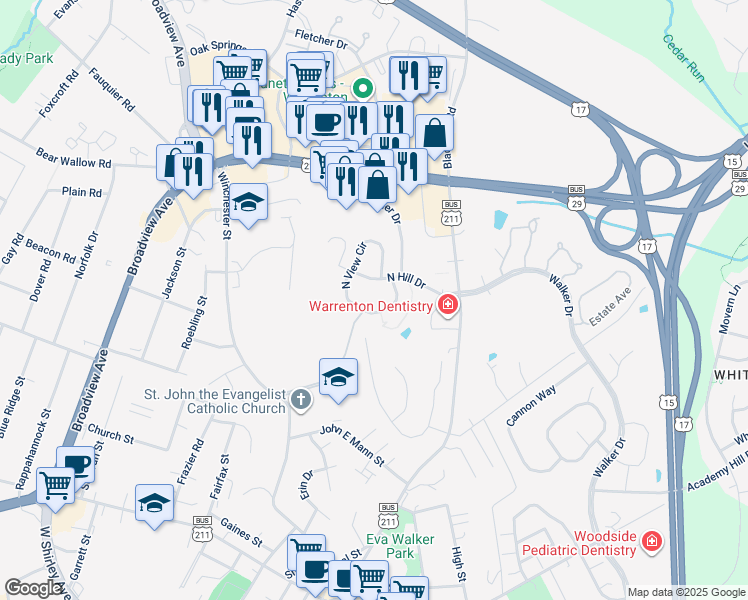 map of restaurants, bars, coffee shops, grocery stores, and more near 291 Winchester Street in Warrenton