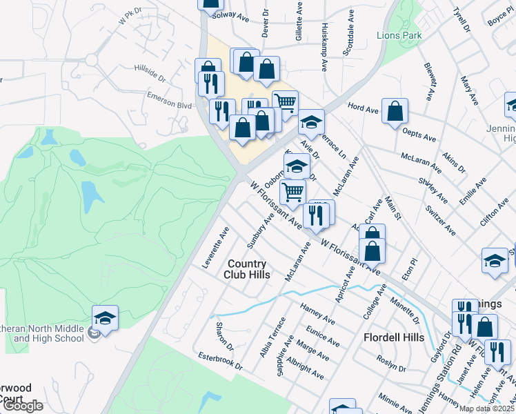 map of restaurants, bars, coffee shops, grocery stores, and more near 7529 Chandler Avenue in St. Louis