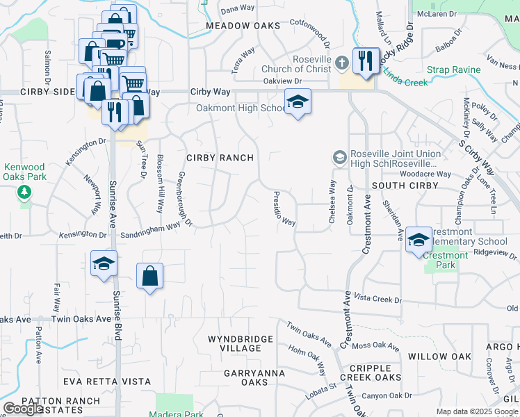 map of restaurants, bars, coffee shops, grocery stores, and more near 1307 Acacia Court in Roseville