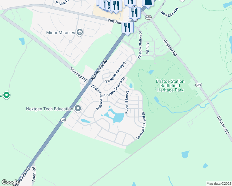 map of restaurants, bars, coffee shops, grocery stores, and more near 11804 Alexander Hays Road in Bristow