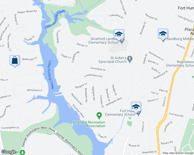 map of restaurants, bars, coffee shops, grocery stores, and more near 2403 Londonderry Road in Alexandria