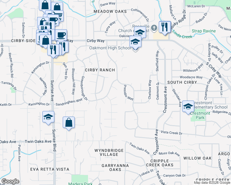 map of restaurants, bars, coffee shops, grocery stores, and more near 1307 Acacia Court in Roseville