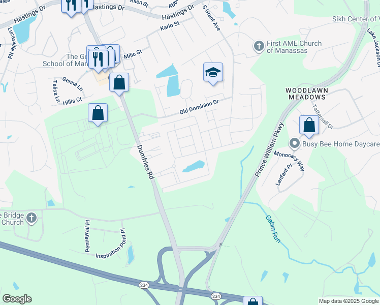 map of restaurants, bars, coffee shops, grocery stores, and more near 8947 Englewood Farms Drive in Manassas