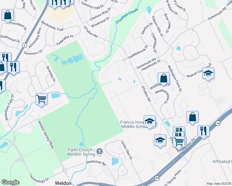 map of restaurants, bars, coffee shops, grocery stores, and more near 6101 Ozark Way in Saint Charles