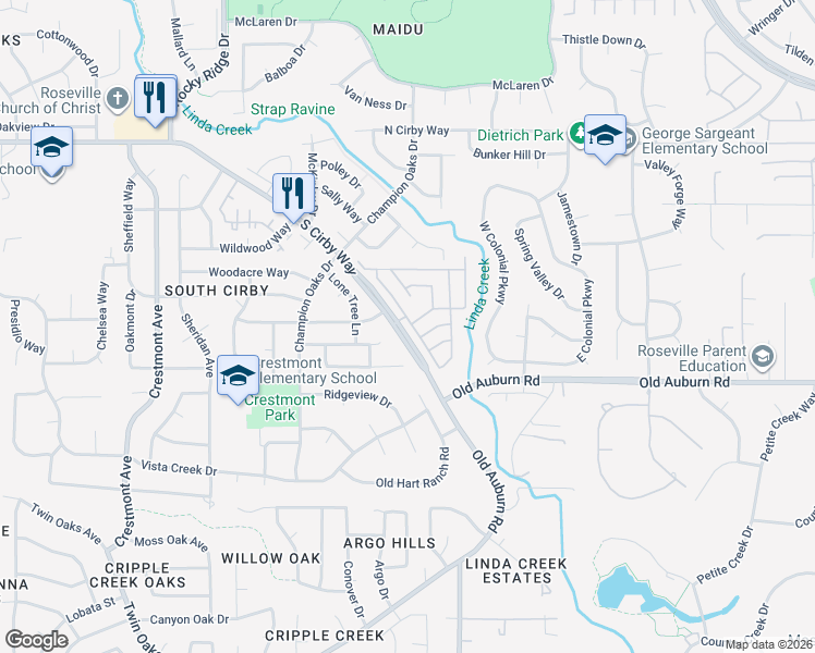 map of restaurants, bars, coffee shops, grocery stores, and more near 12 Rimma Way in Roseville