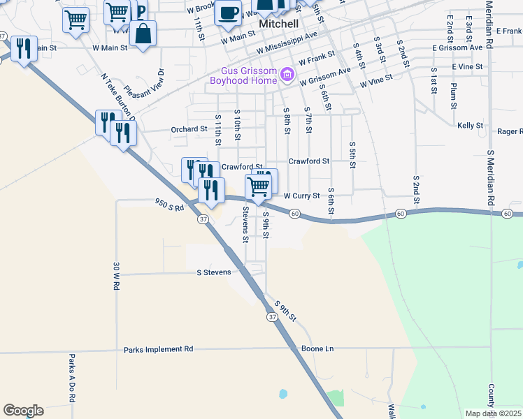map of restaurants, bars, coffee shops, grocery stores, and more near 226 Indiana 60 in Mitchell