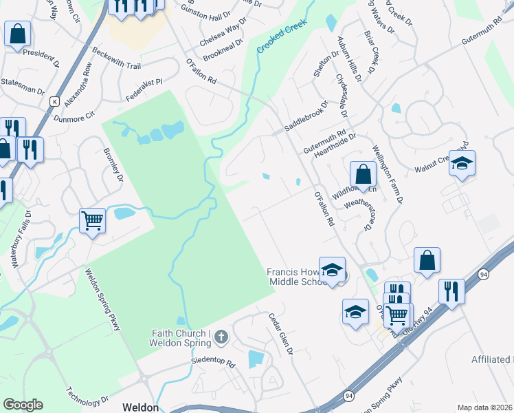 map of restaurants, bars, coffee shops, grocery stores, and more near 6101 Ozark Way in Saint Charles