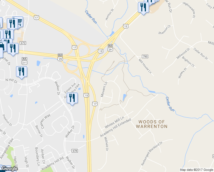 map of restaurants, bars, coffee shops, grocery stores, and more near 7651 Movern Lane in Warrenton