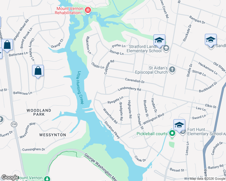 map of restaurants, bars, coffee shops, grocery stores, and more near 2504 Londonderry Road in Alexandria