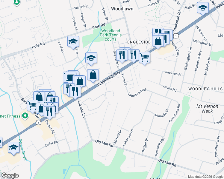 map of restaurants, bars, coffee shops, grocery stores, and more near 8591 Wyngate Manor Court in Alexandria