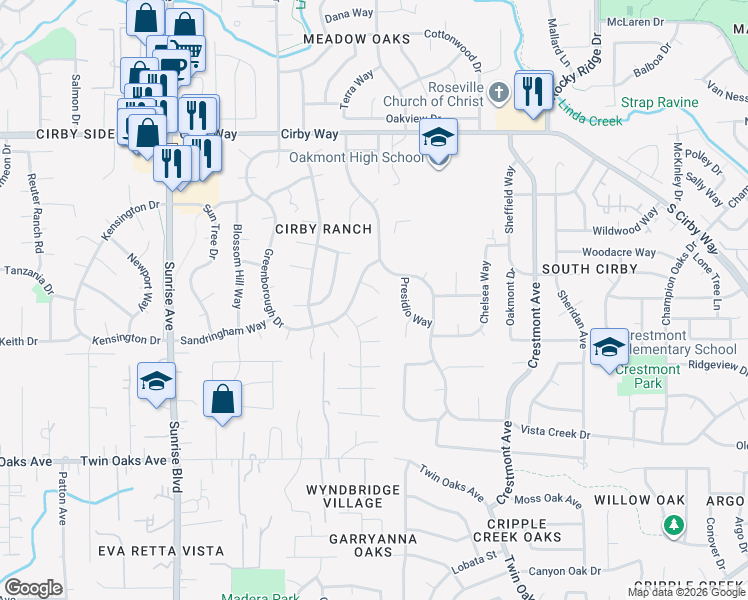 map of restaurants, bars, coffee shops, grocery stores, and more near 1307 Acacia Court in Roseville