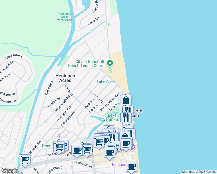 map of restaurants, bars, coffee shops, grocery stores, and more near 10 Park Avenue in Rehoboth Beach