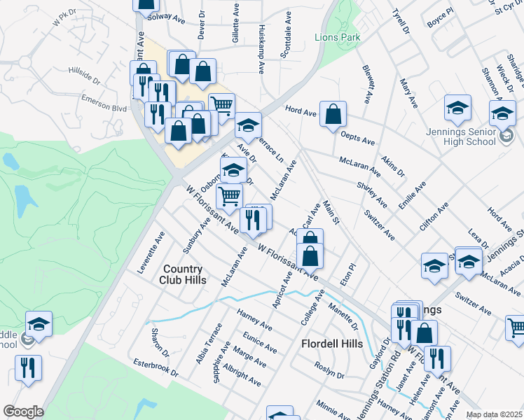 map of restaurants, bars, coffee shops, grocery stores, and more near 8403 McLaran Avenue in Jennings