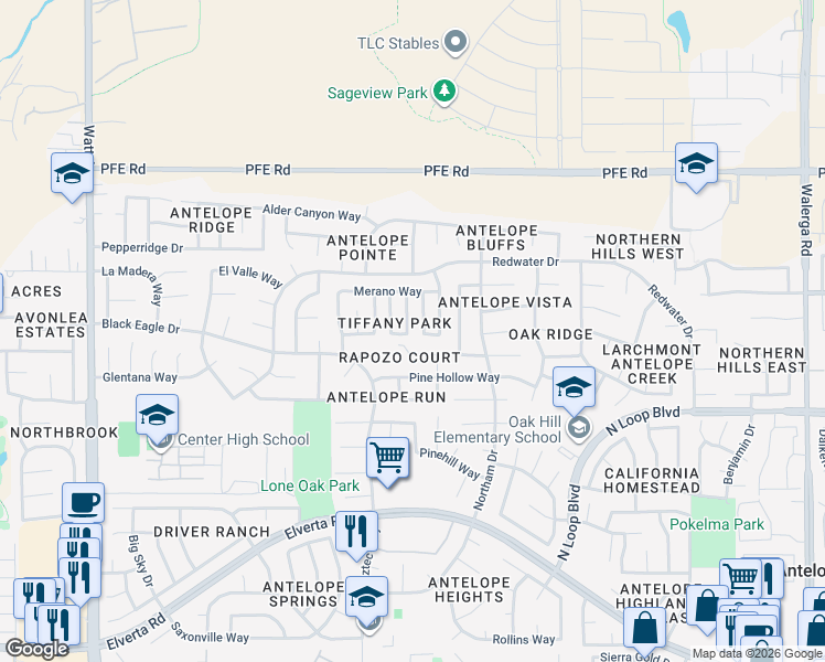 map of restaurants, bars, coffee shops, grocery stores, and more near 8512 Giverny Circle in Antelope
