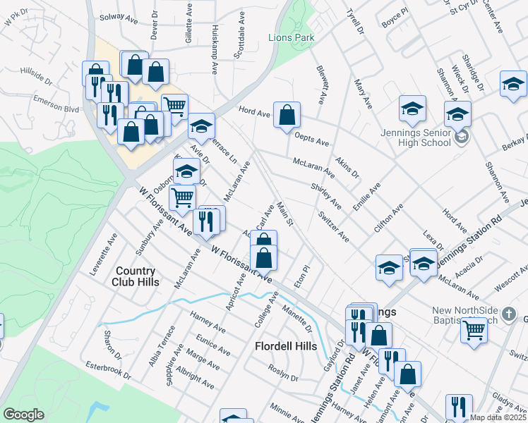 map of restaurants, bars, coffee shops, grocery stores, and more near 8433 Carl Avenue in Jennings