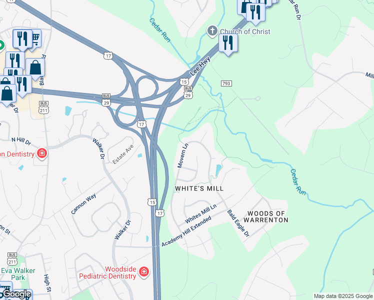 map of restaurants, bars, coffee shops, grocery stores, and more near 7651 Movern Lane in Warrenton