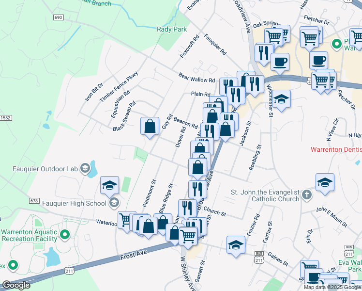 map of restaurants, bars, coffee shops, grocery stores, and more near 229 Dover Road in Warrenton